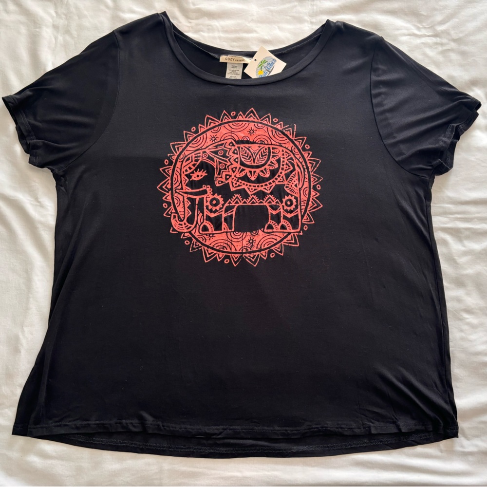 Cozy Casual Black T-Shirt with Coral Mandala Elephant Design